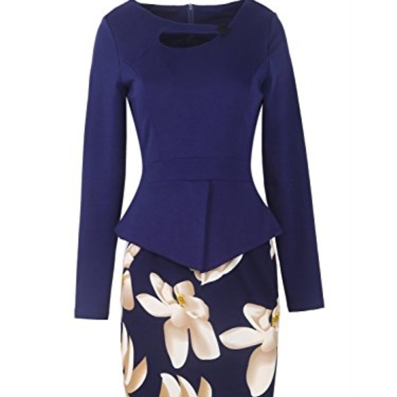 NWOT Blue Floral Below the Knee Peplum Dress - Picture 2 of 2